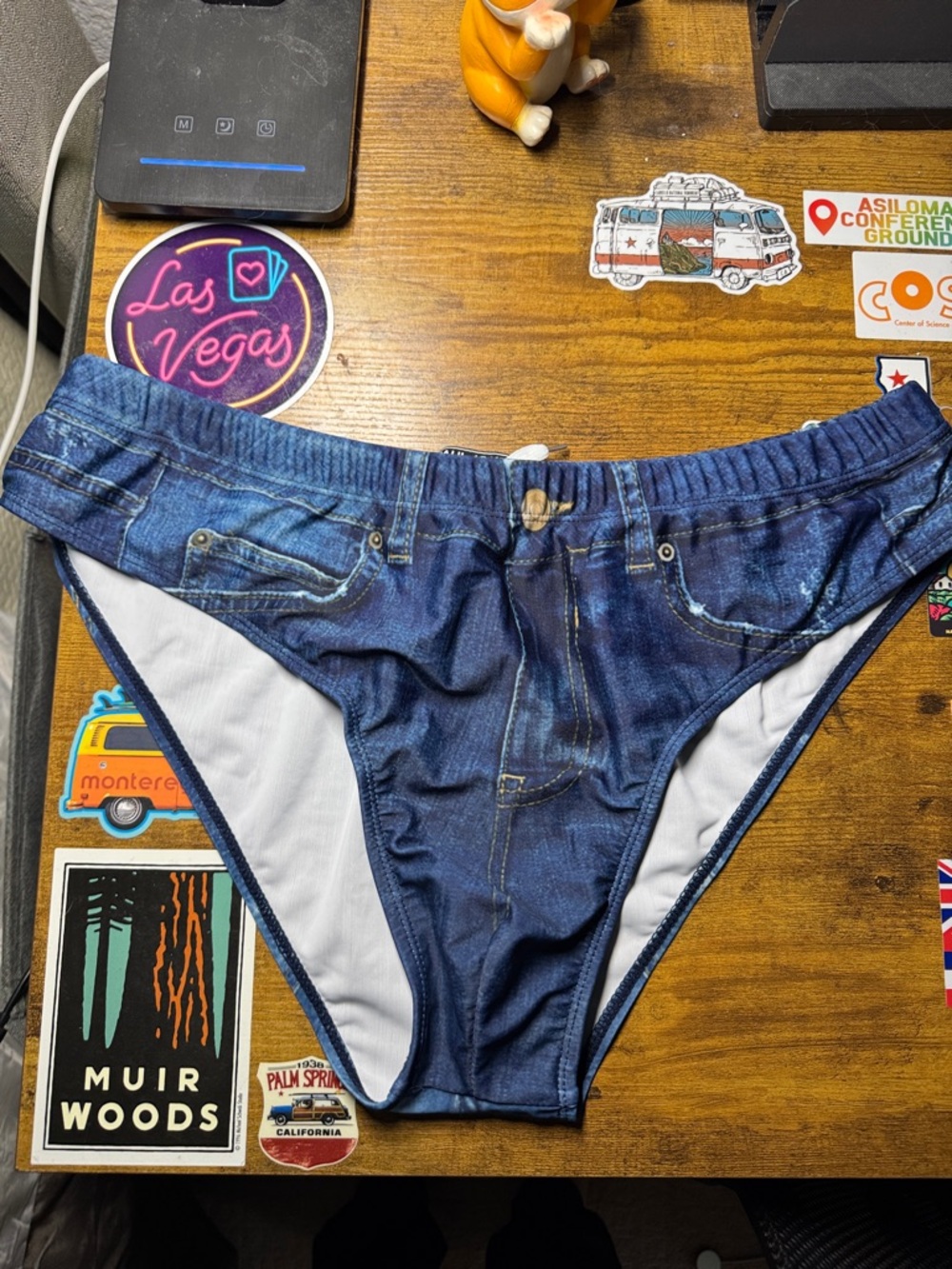 Men's Navy Denim-Print Swim Briefs with Elastic Waist